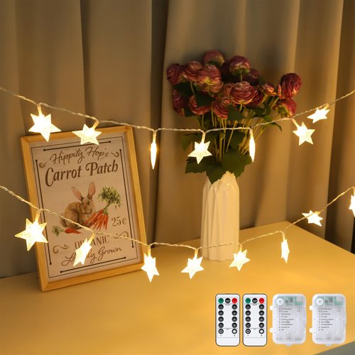 Clearzen 2 Pack Star String Lights Total 33 Ft 100 LED Christmas Fairy Lights Battery Operated with Remote 8 Modes Waterproof for Bedroom Wedding Party Garden Tent Decor, Warm White