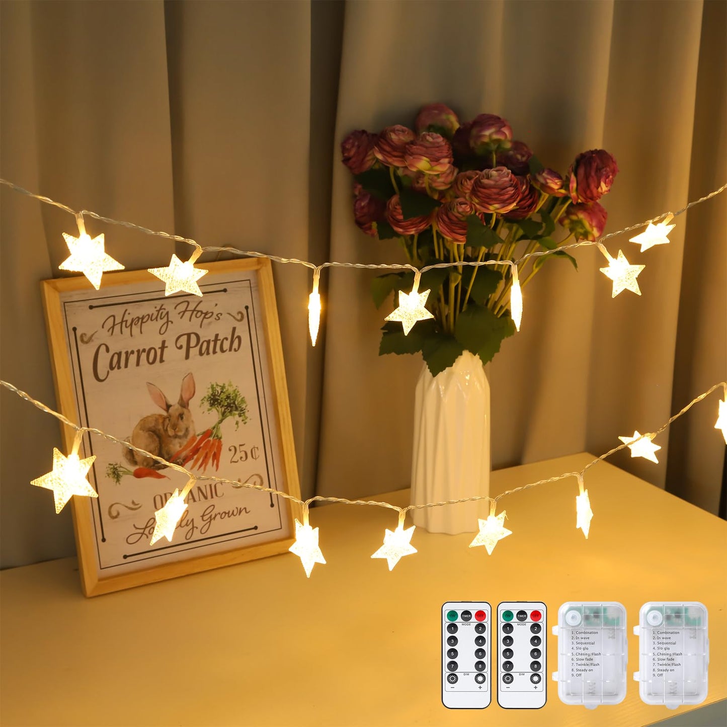2 Pack Star String Lights Total 33ft 100 LED Hanging Star Fairy Lights Battery Operated for Indoor Outdoor Waterproof Twinkle Lights with Remote Control for Bedroom Party Christmas Decor Warm White