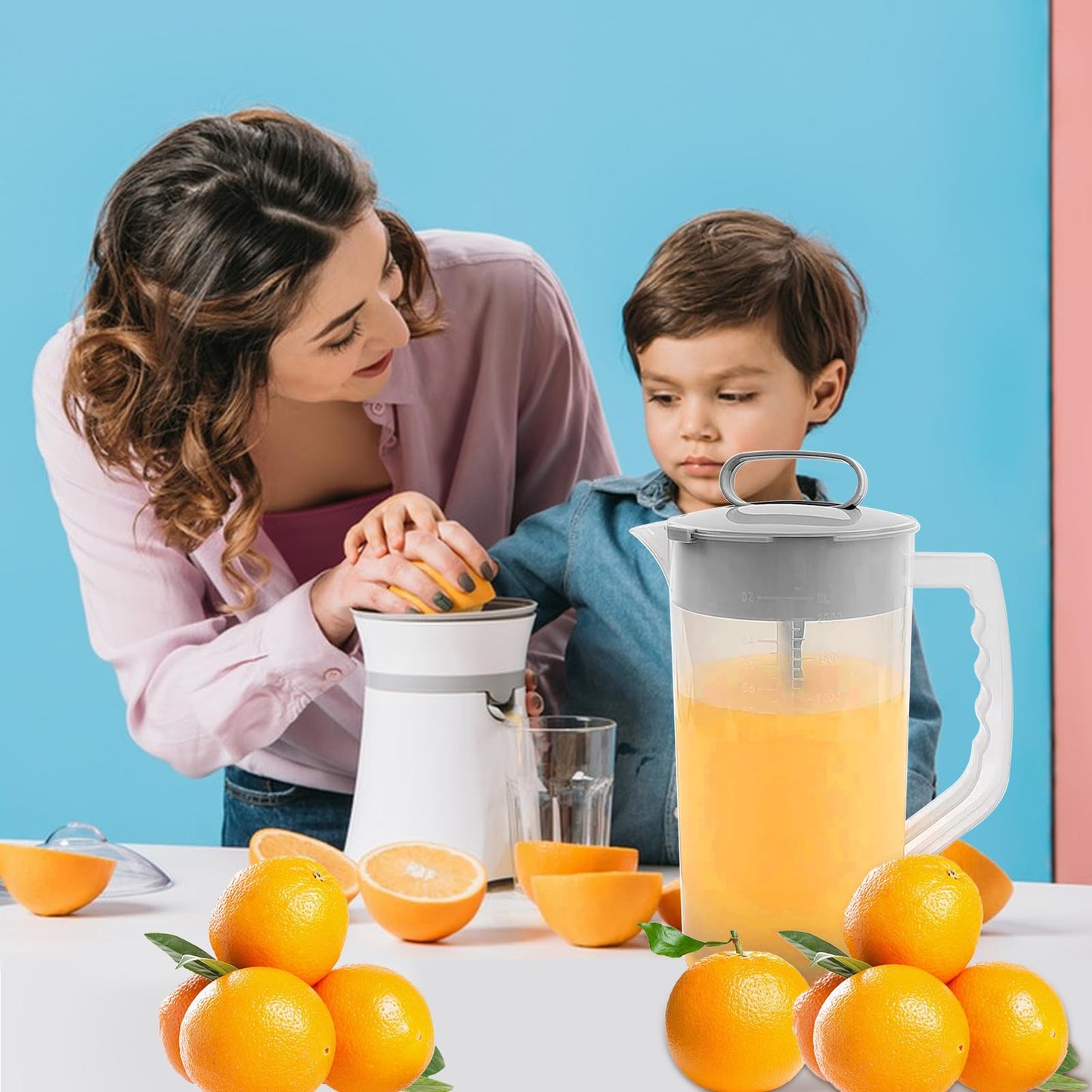 2 Pack Mixing Pitcher for Drinks 2 Quart/ 64oz Plastic Water Pitcher with Lid，Easy-Mix Juice Container，Angled Plastic Blades and Adjustable Mixer Plunger for Juice, Tea, Beverage Container