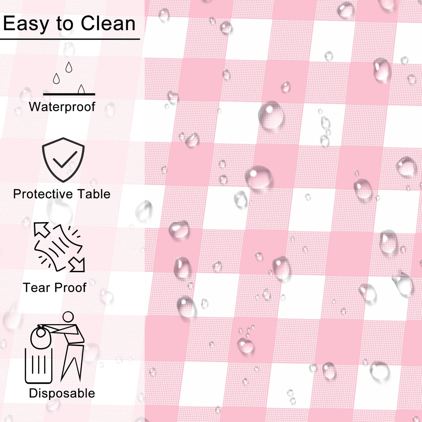 4 Pack Pink Gingham Tablecloth Rectangular Pink and White Checkered Tablecloths Disposable Plastic Pink Plaid Table Cover for Parties, Outdoor Picnic, Birthday, Wedding, Camping 54 × 108 Inch