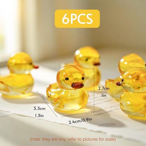 H&D Hyaline & Dora Mini Yellow Glass Duck Figurines - 6 Pcs Crystal Animal Sculptures | Home Decor (1.3 x 1 Inch)
