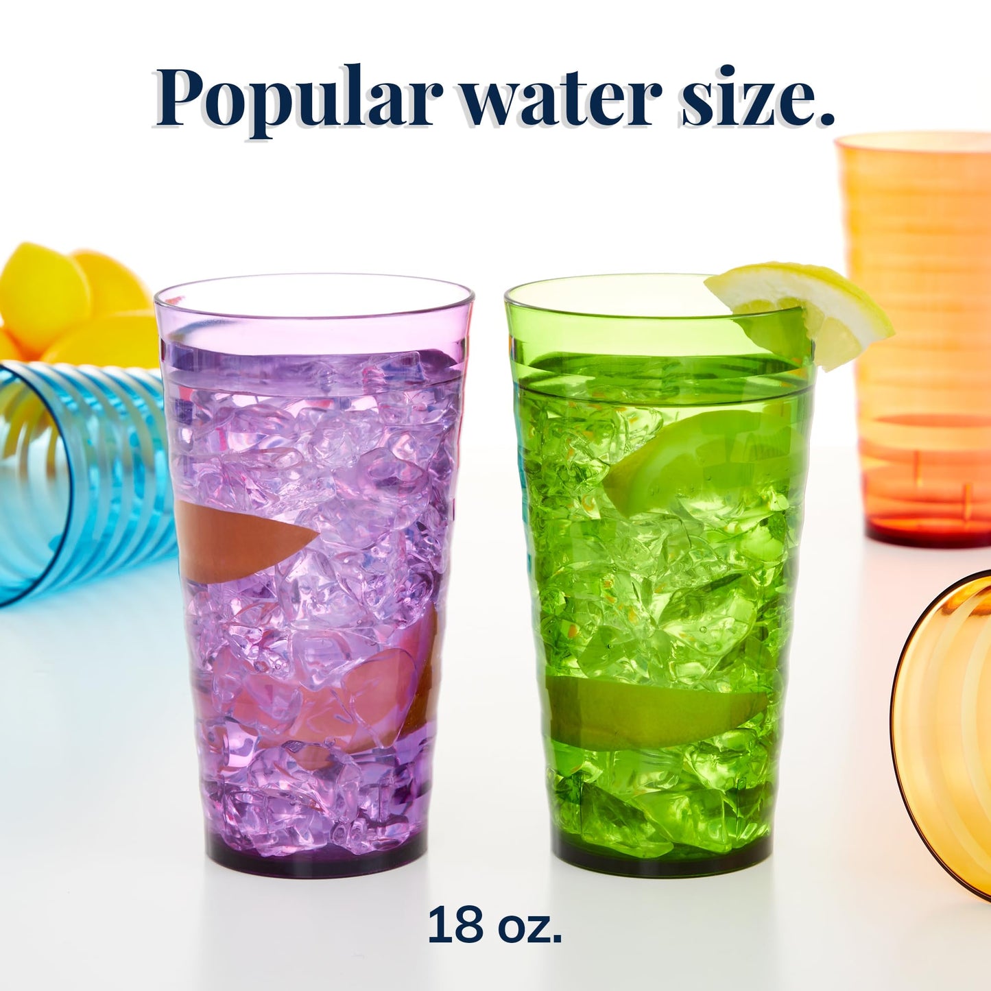 US Acrylic Splash [Set of 16] 18 ounce Plastic Stackable Water Tumblers in Jewel Tone Colors Value Set of Drinking Cups, Reusable, BPA-free, Made in the USA, Top-rack Dishwasher Safe