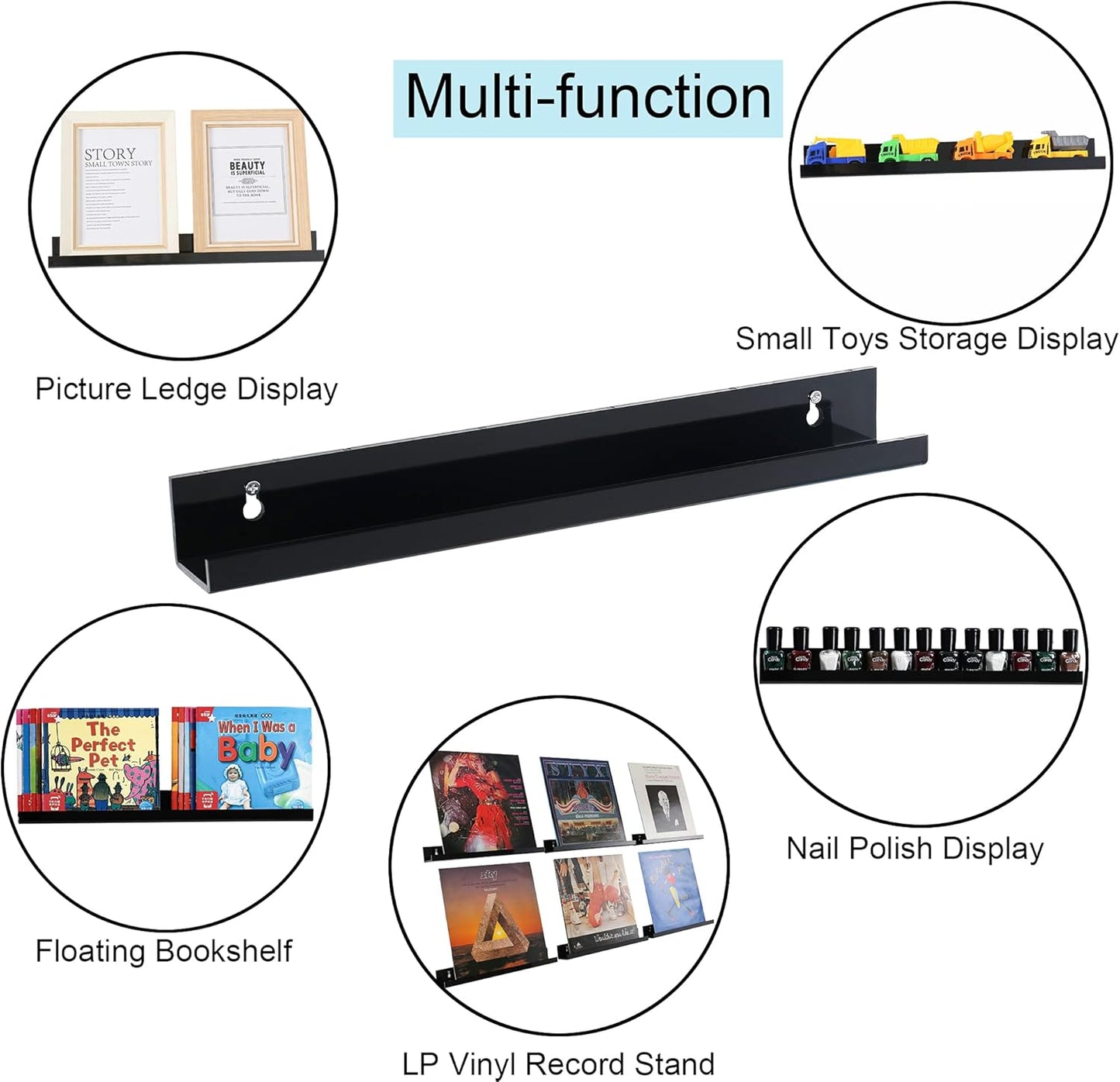 Sooyee 15-Inch Floating Book Shelves - 6 Pack Acrylic Wall Display for Reading Nook & Funko Pop | Black