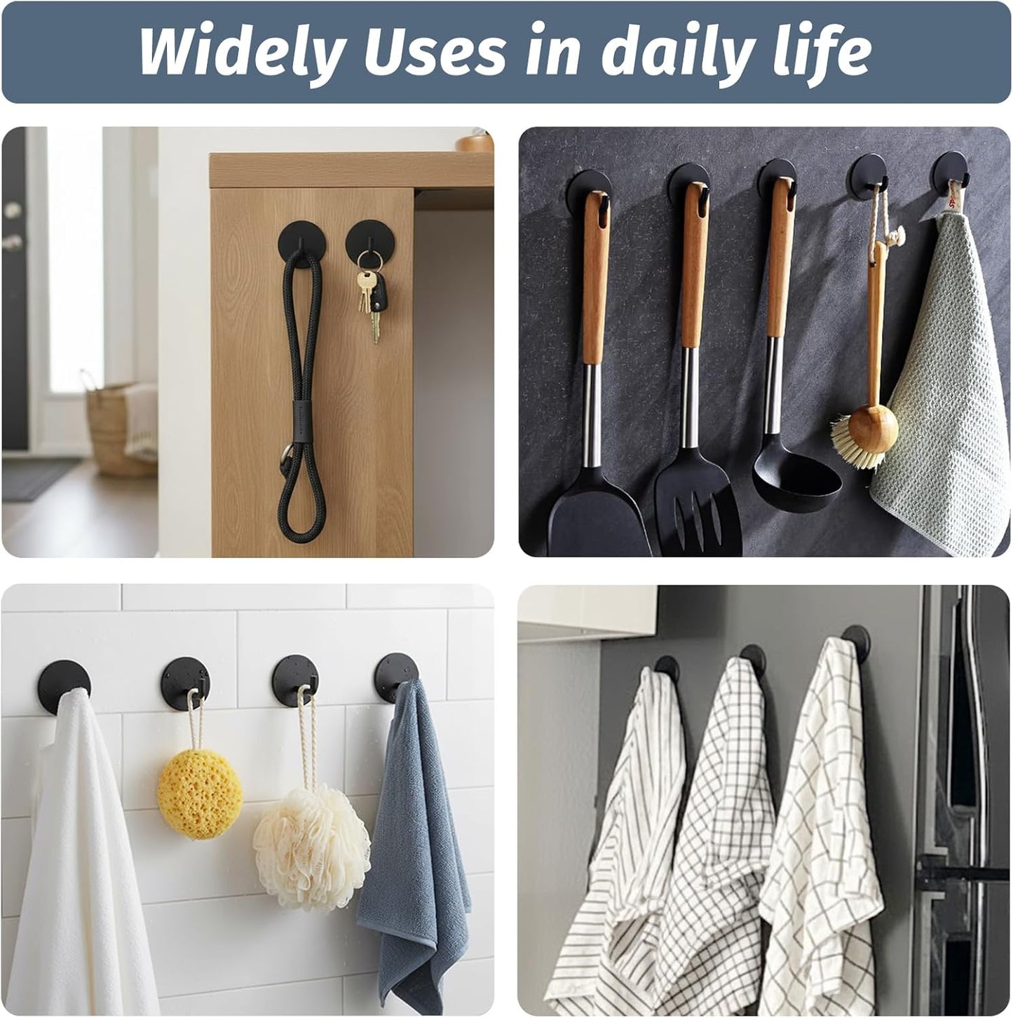 Rise Age Heavy Duty Adhesive Hooks - Waterproof Shower Hooks for Loofahs, Towels & Robes | 4 Pack, Black Stainless Steel