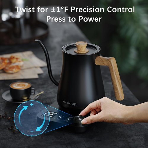 Gooseneck Electric Kettle - ±1℉ Temperature Control for Perfect Pour-Over Coffee & Tea | 1200W, 0.8L, Black Wooden