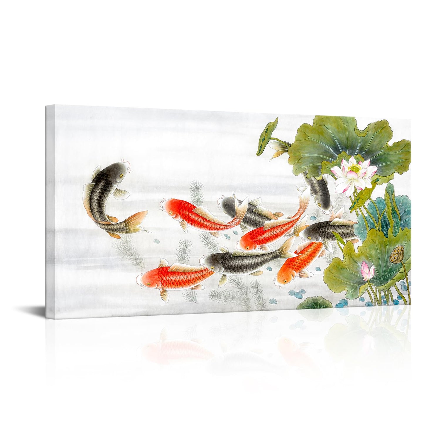 iLOOKLiKE Nine Koi Fish Canvas Wall Art Feng Shui Lucky Carp Lotus Flower Leaves Pond Picture Traditional Chinese Paintings Print Asian Artwork Poster Home Decor for Living Room Bedroom 20x40inch