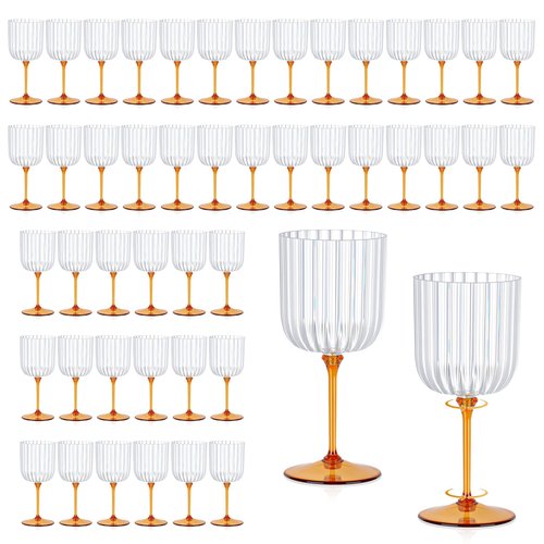48 PCS Plastic Ribbed Wine Glasses 11oz Clear and Amber Detachable Wine Goblet Unbreakable Vintage Ripple Water Goblets Cocktail Drinking Cups for Parties Weddings Poolside Outdoors
