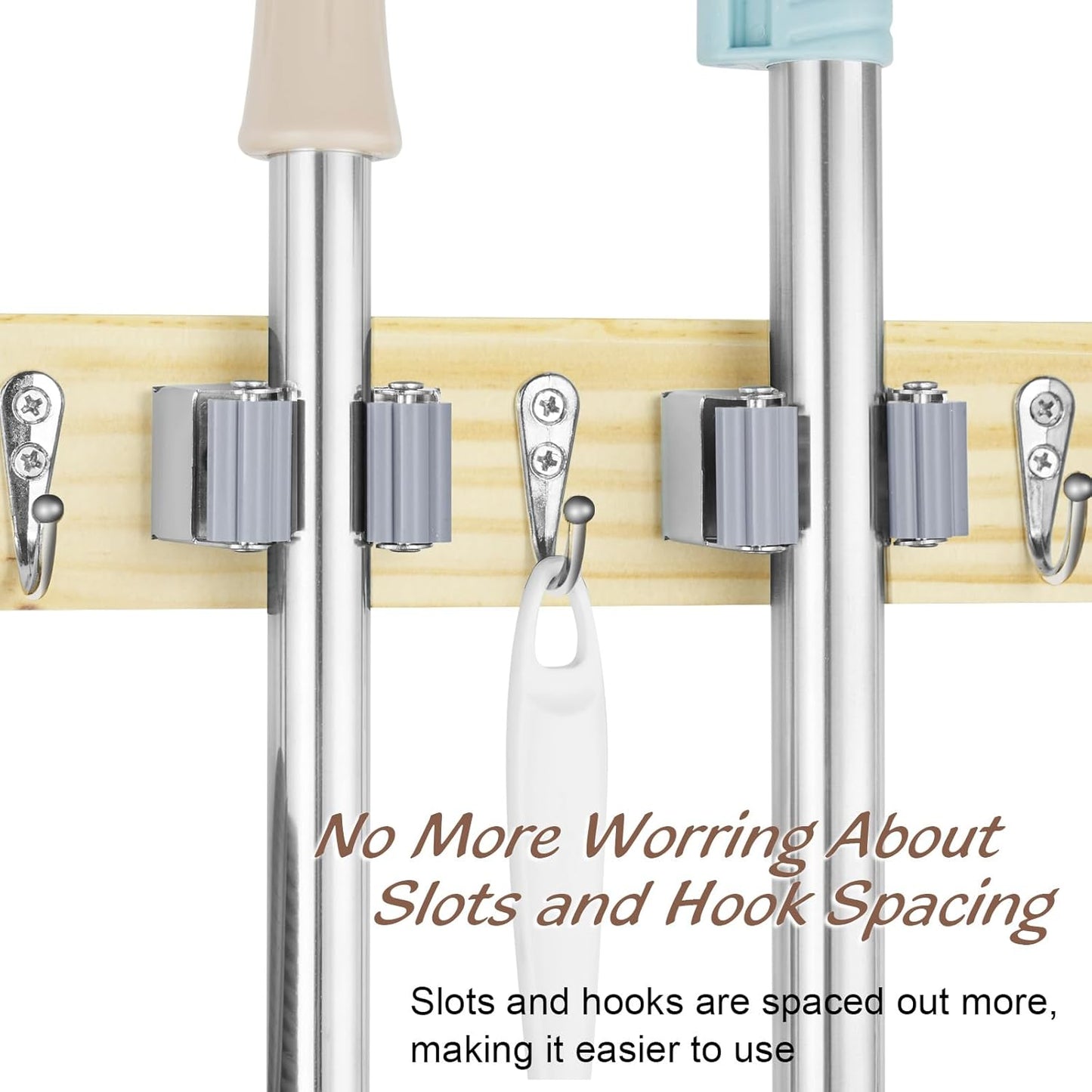 OUTNILI Mop and Broom Holder Wall Mount - Light Wood Organizer with 4 Slots & Hooks for Garage, Kitchen, Laundry Room