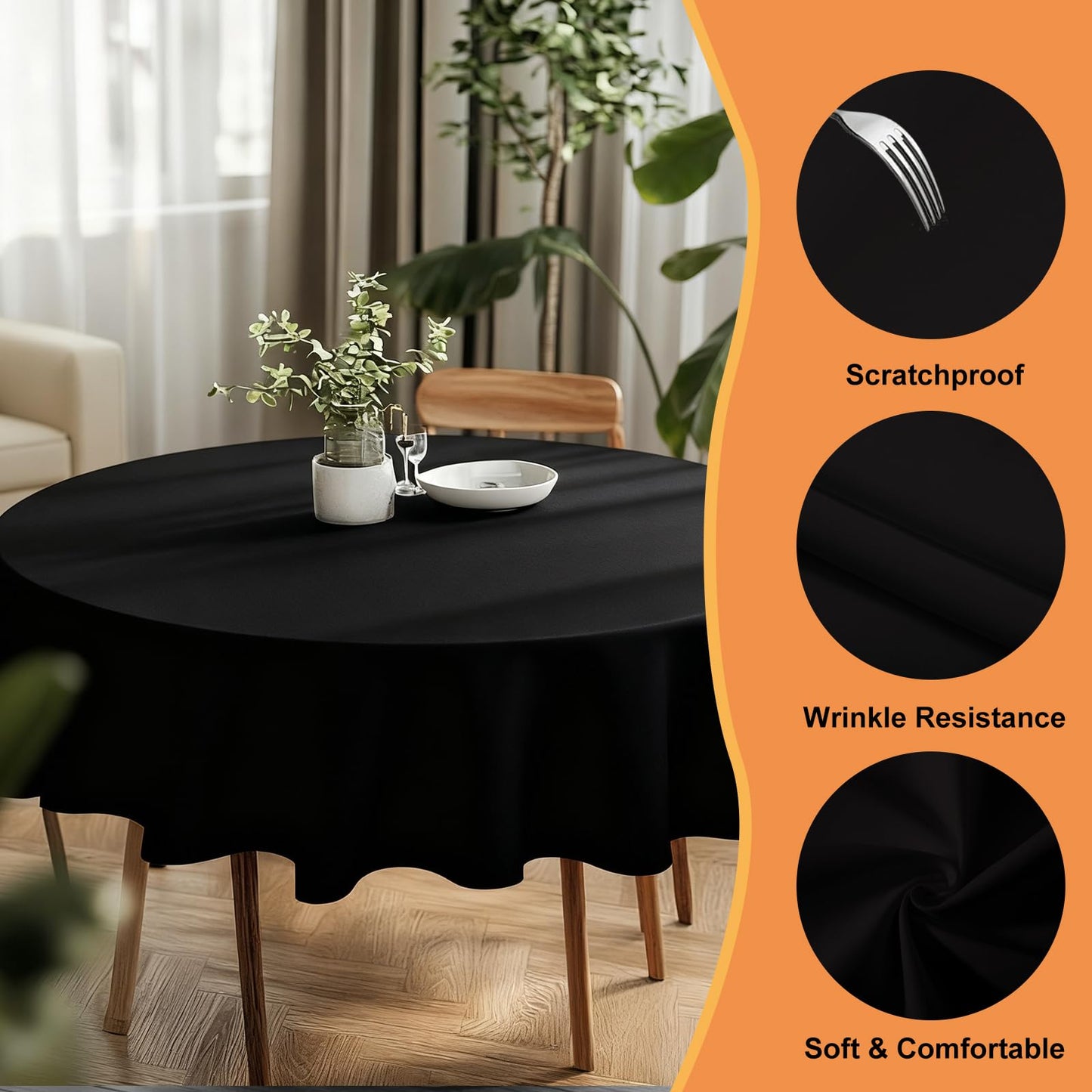 TWINPRET Round Tablecloth 60 Inch, Black Waterproof Washable Polyester Table Cloth - Stain & Oil Resistant Circle Table Cover for Indoor Outdoor Dining, Patio, Party (Fits 20-48 Inch Tables)