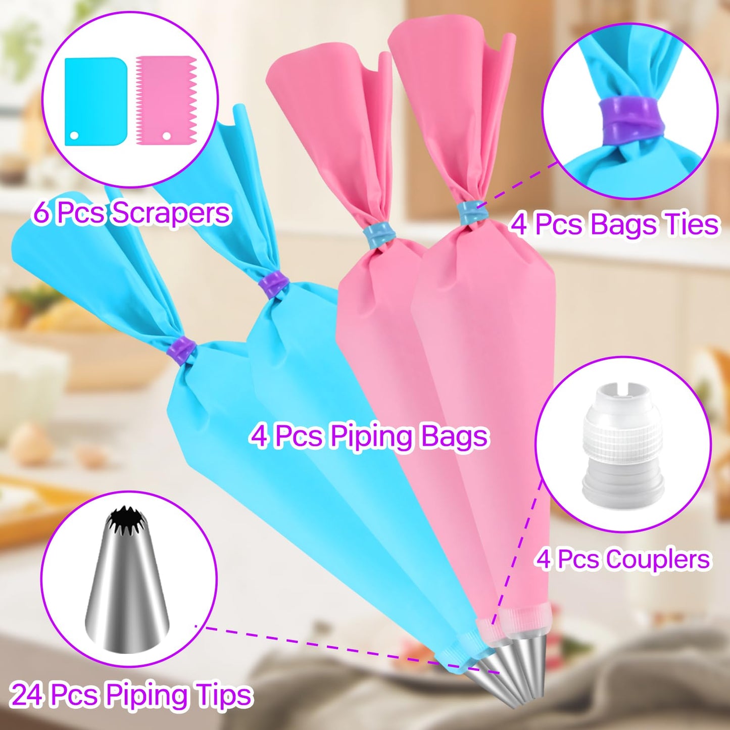 lonllidin Piping Bag and Tips Set,Reusable Pastry Bag,Baking Piping Set,Including 24 Piping Tips,4 Piping Bags,4 Couplers,4 Bag Ties and 6 Cake Scrapers for Baking Cake Decorating