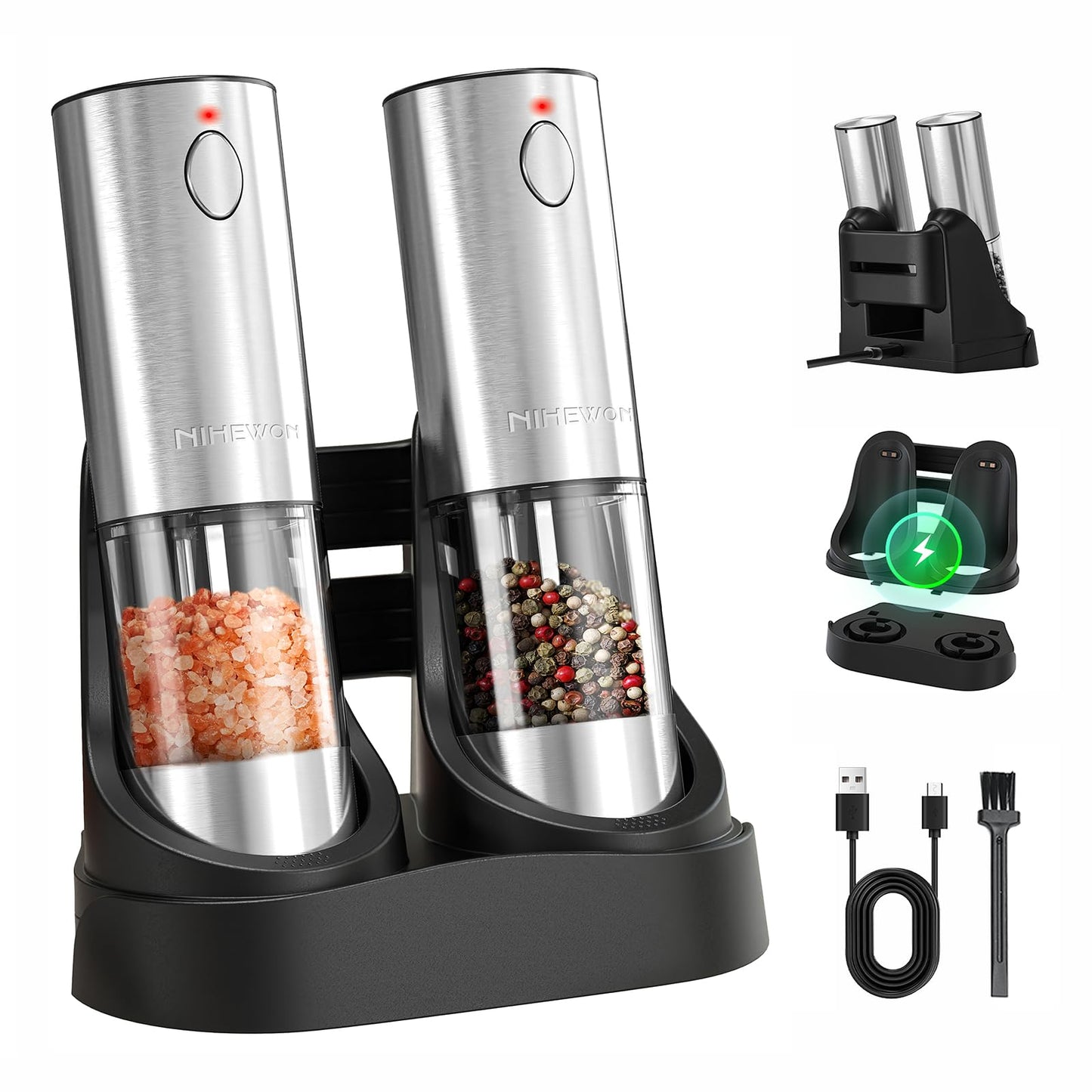 NIHEWON Electric Salt and Pepper Grinder Set with LED Light, Rechargeable Salt and Pepper Shakers with 5 Adjustable Coarseness, Upgraded Large Capacity, Stainless Steel, Storage & Charging Base