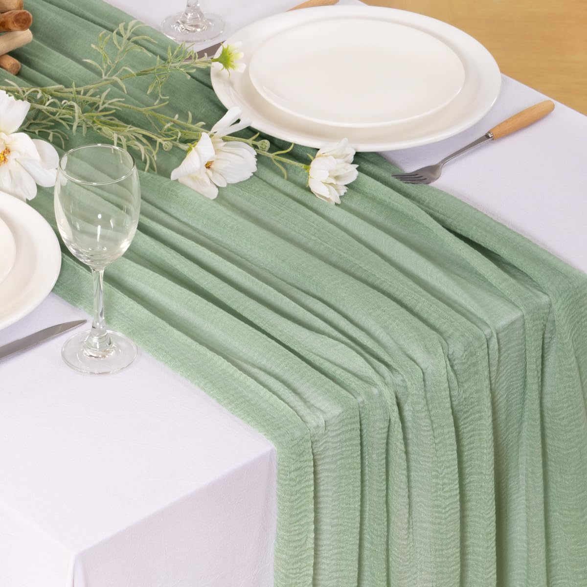 Santaben Sage Green Cheese Cloth Table Runner Spring 120 Inch Soft Rustic Boho Gauze Cheesecloth Table Runner 10FT for Wedding Birthday Party Baby Shower Home Decoration