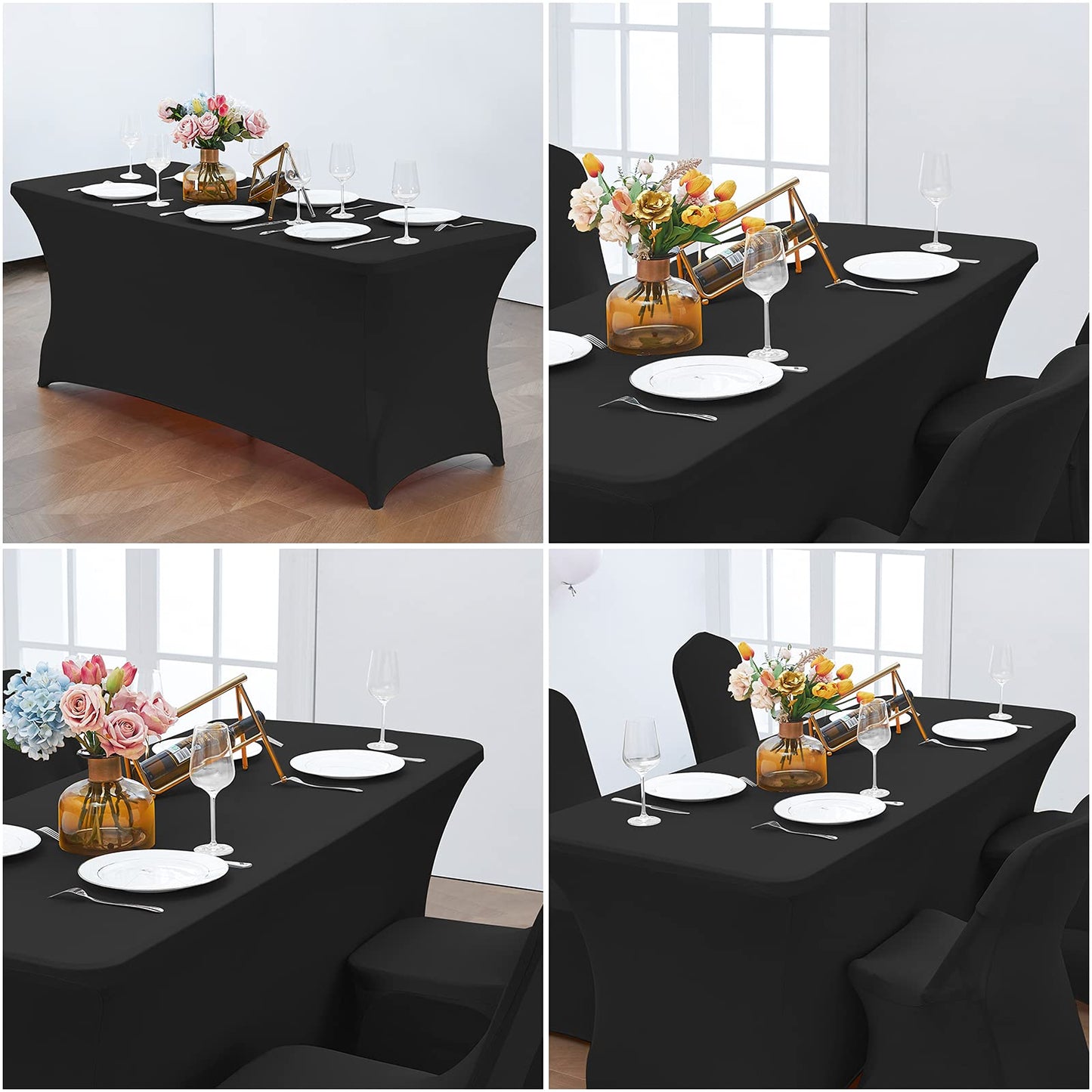 CWK 6FT 2Pcs Stretch Spandex Table Cover for Rectangular Tables - Elastic Fitted Tablecloth for Folding Tables, Wrinkle Resistant, Durable Table Protector for Parties,Weddings,Banquets &Events (Black)