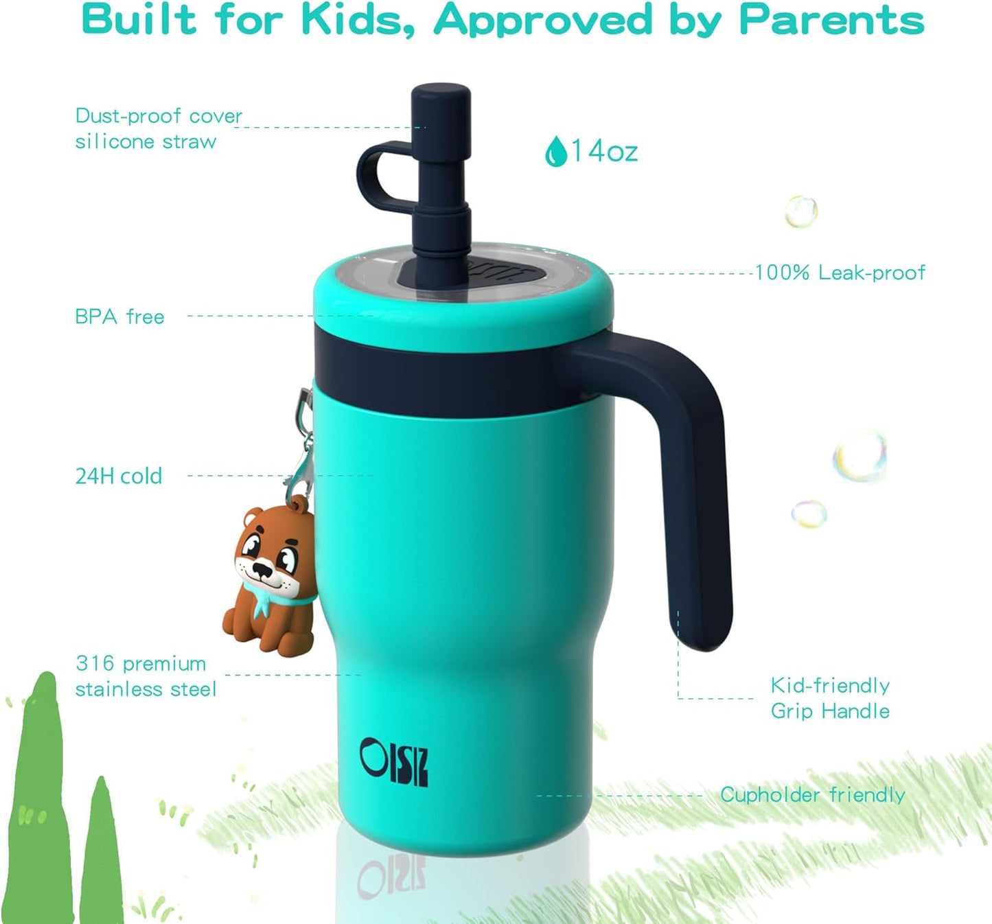 OISIZ 14oz Kids Tumbler - Leakproof Stainless Steel Cup with Straw Lid & Handle | Dark Green