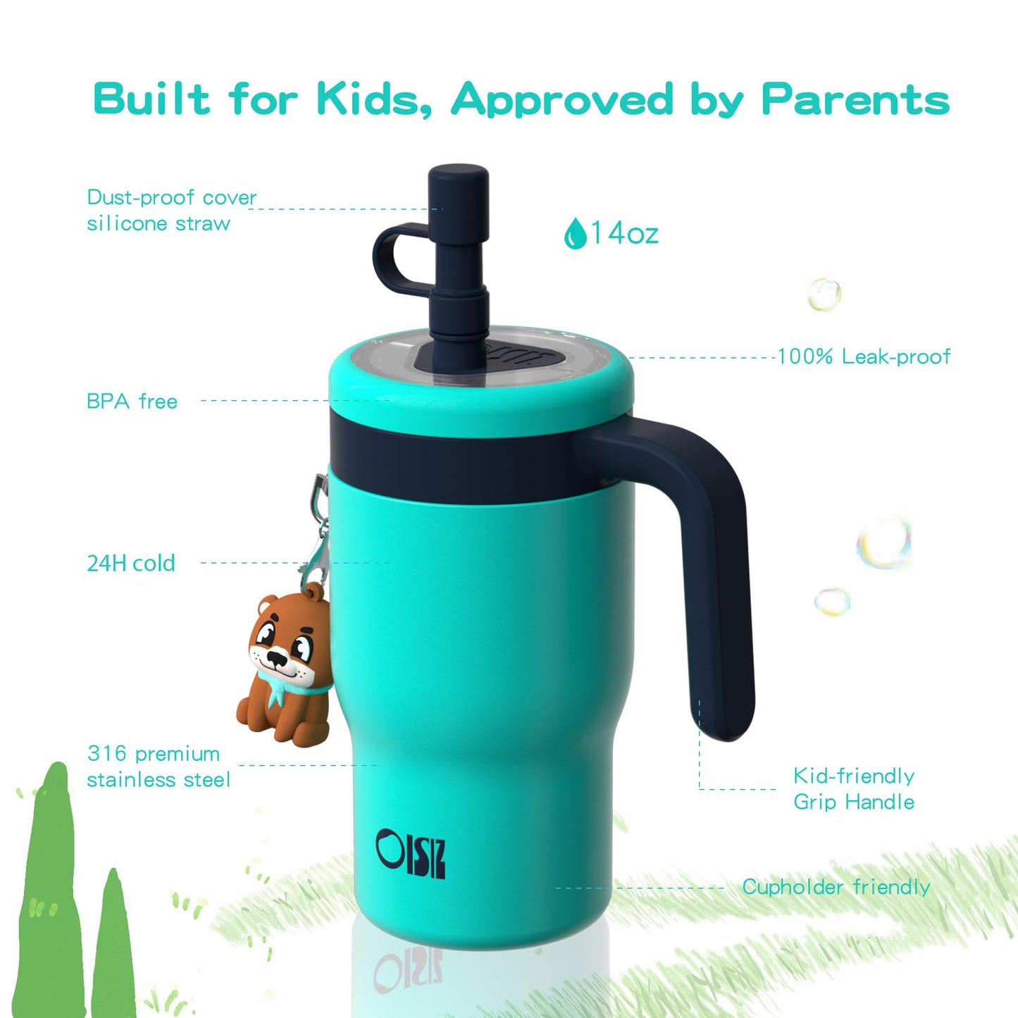 OISIZ 14oz Kids Tumbler with Straw Lid & Handle,Kids Cup with Animal Accessory for School,Kids Water Bottles with Dust-proof Cover,Leakproof Bottles,316 Stainless Steel,Keep Cold 24 Hours-dark green