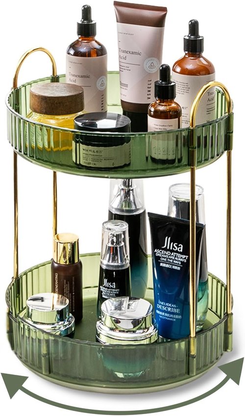 Asayuee 360° Rotating Makeup Organizer - Large Capacity Skincare & Perfume Storage | Green 2-Tier Design
