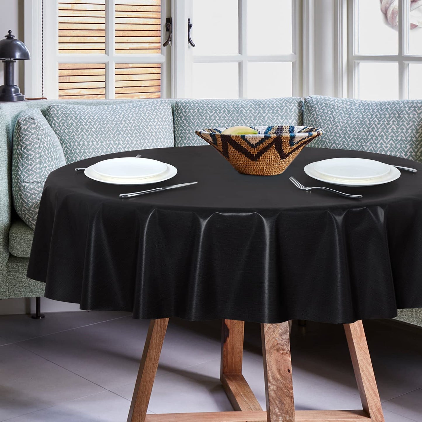 sancua 100% Waterproof Round PVC Tablecloth - 60 Inch - Oil Proof Spill Proof Vinyl Table Cloth, Wipe Clean Table Cover for Dining Tables, Buffet Parties and Camping, Black
