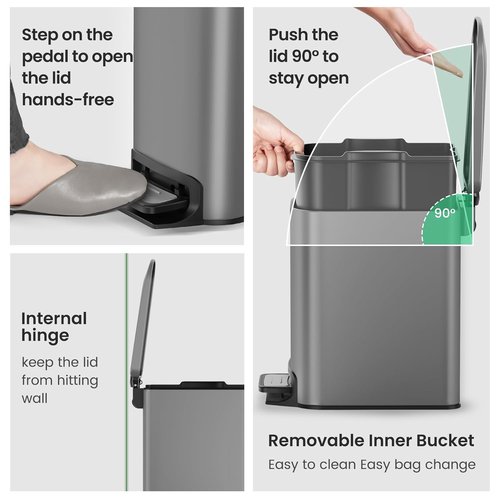 Cesun Stainless Steel Trash Can - 6 Liter Soft Close Lid & Step Pedal | Anti-Fingerprint Finish (Gray)