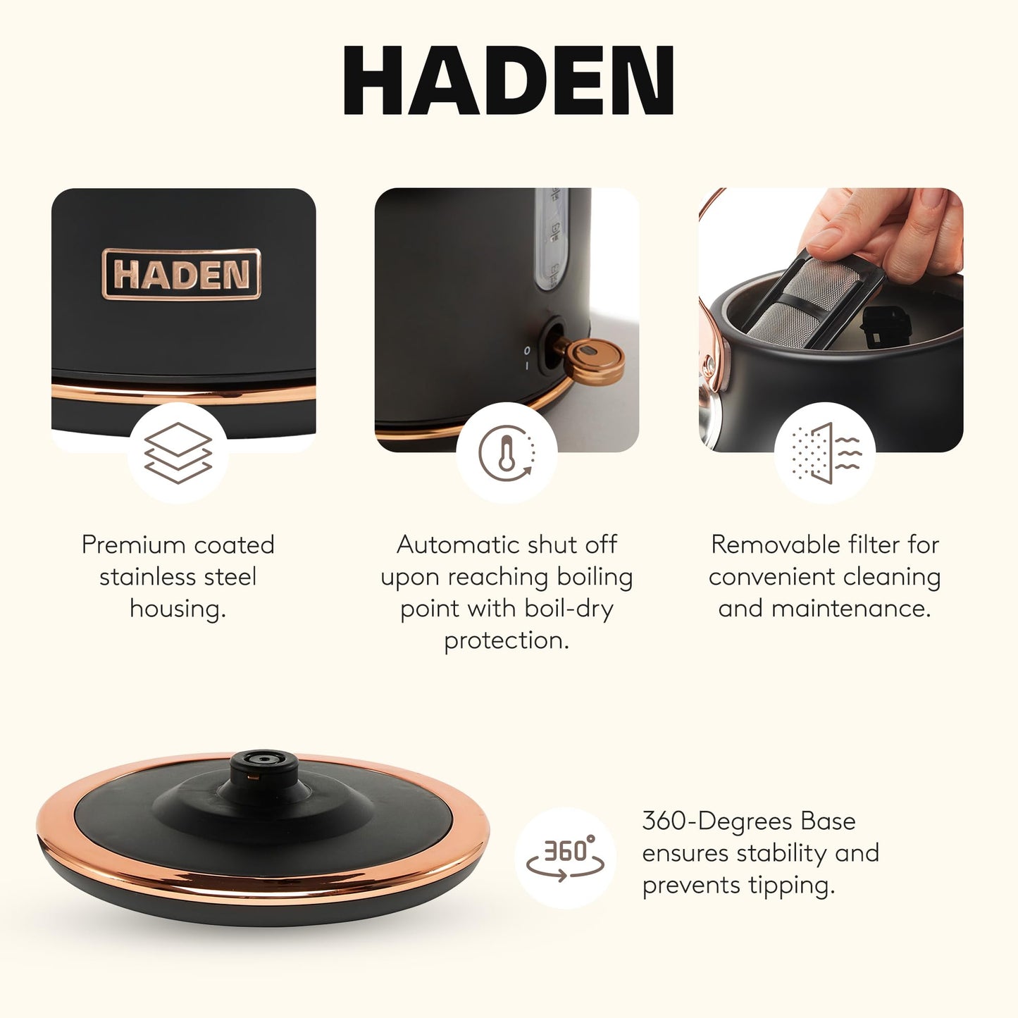 Haden 75012 Heritage 1.7 Liter Stainless Steel Body Countertop Retro Electric Kettle with Auto Shutoff & Dry Boil Protection