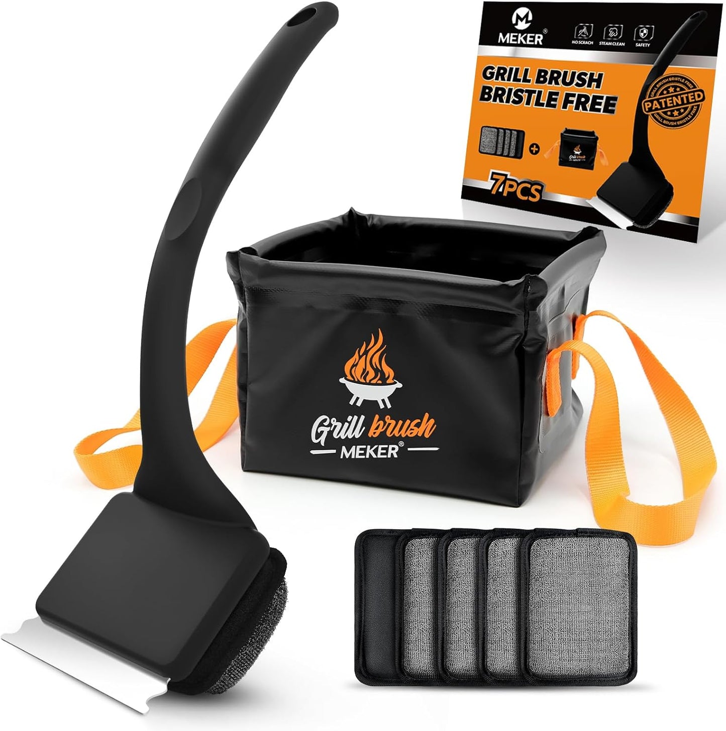 MEKER Grill Brush - Bristle-Free Design with Collapsible Bucket | 7-Piece Cleaner Set, Portable Dunk Tank, Black