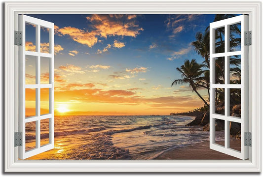 Seascape Beach Wall Art Print for Living Room - Window Frame Style Canvas Wall Decor Ocean Wave - Tropical Palm Tree Picture for Bedroom Office Home Decoration