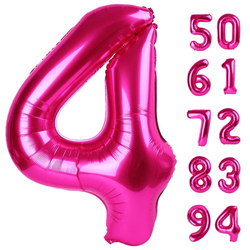 Hot Pink 4 Balloon, Number Balloons 40 Inch, 4th Birthday Decorations for Girls Four Large Numbers for Party Decor, Number 4 Balloon