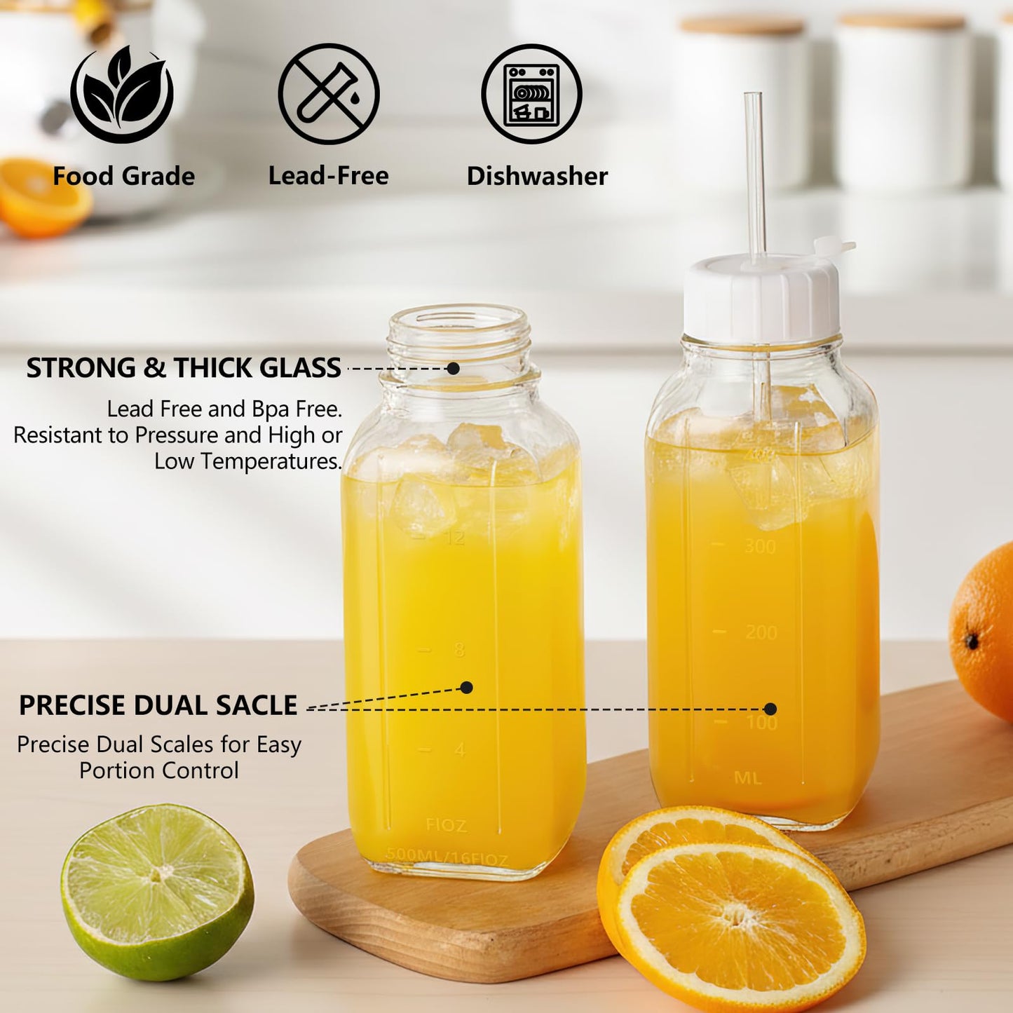 Ruckae 16oz 8 Pack Glass Juice Bottles with Hole Lids - Reusable Square Glass Juice Bottles with Leak-Proof Lid & Capacity Marks for Containers Juicing,Milk,Smoothies