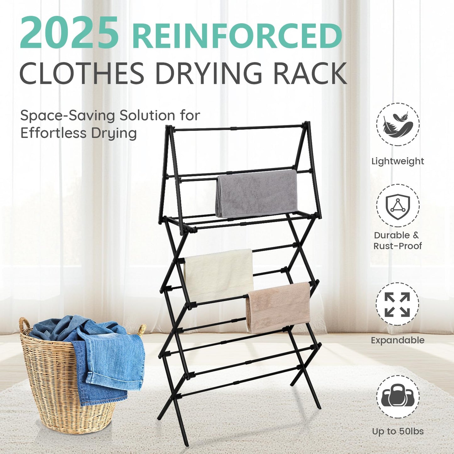 ZOES HOMEWARE 4 Tier Clothes Drying Rack Foldable | Foldable Clothing Drying Rack | Laundry Drying Rack Collapsible for Laundry Room, Dorm, Expandable Sturdy Metal Design | Black 29"L x 11.5"W x 53"H