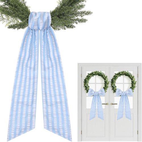 Blue Wreath Sash - 2 Pcs Stripe Embroidery Monogram Decor | 60 Inch Seersucker for Baby Showers