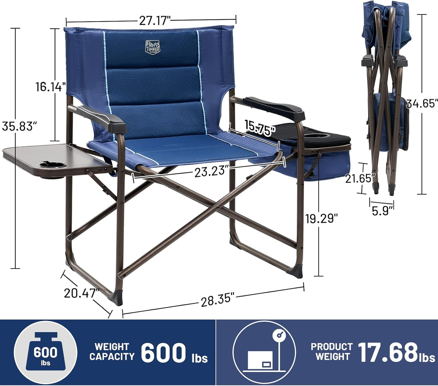 Timber Ridge XXL Oversized Directors Chair - Heavy Duty 600lbs Camping Chair with Cooler Bag & Table | Blue