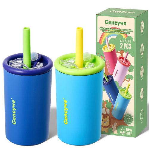 Gencywe 2 PACK Kids Double Walled Stainless Steel Cups with Straws and lids | 12 oz Spill-Proof Sippy Smoothie Tumbler Set, Small Kids Snack & Drink Water Cups, BPA-Free (Age: 3+ years old & up)