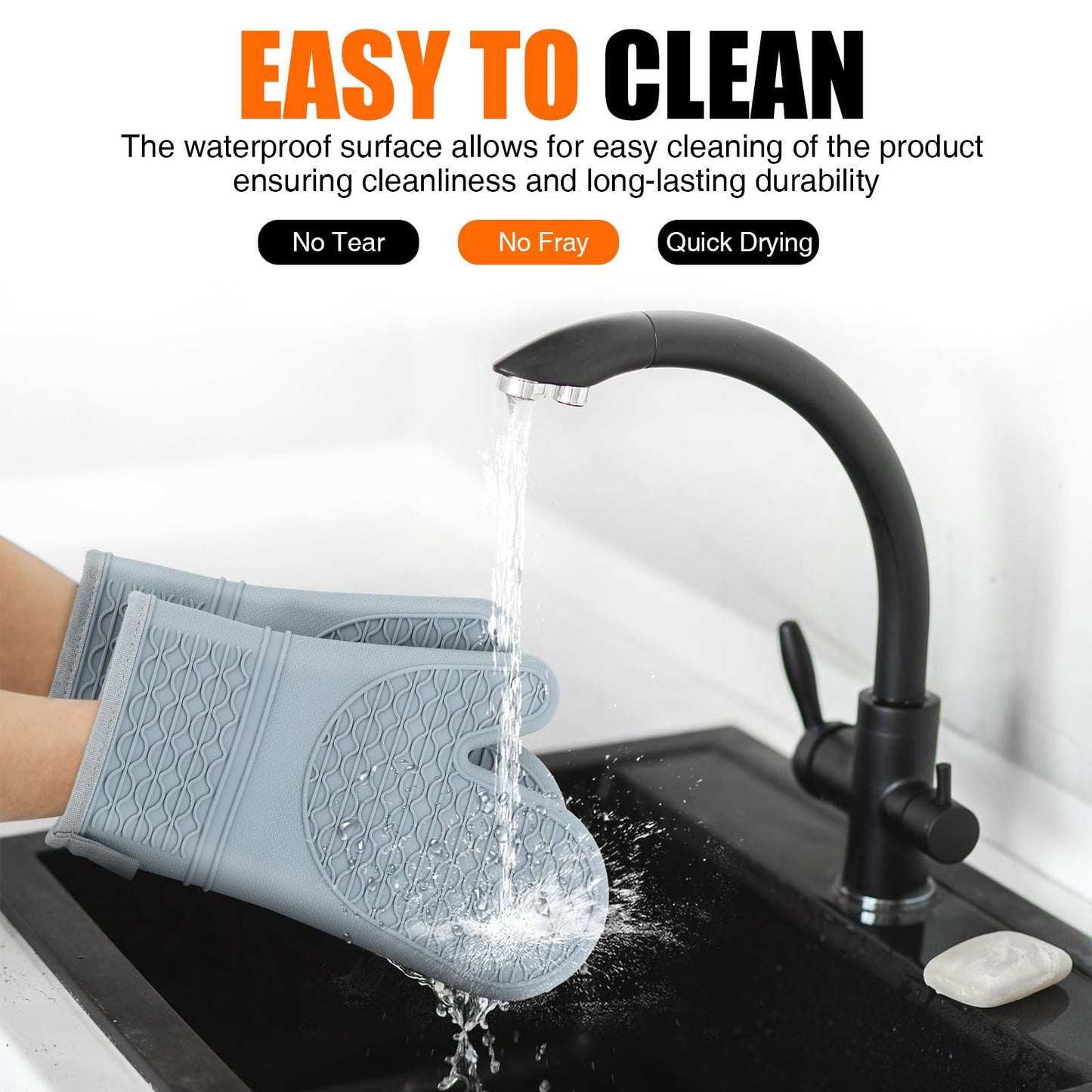 Silicone Oven Mitts, Heat Resistant 2PCS Oven Mitts with Soft Cotton Lining, Waterproof Non-Slip Grip Oven Glove, Kitchen Potholder Mits for BBQ, Baking, Cooking, 12.5 Inch - Grey