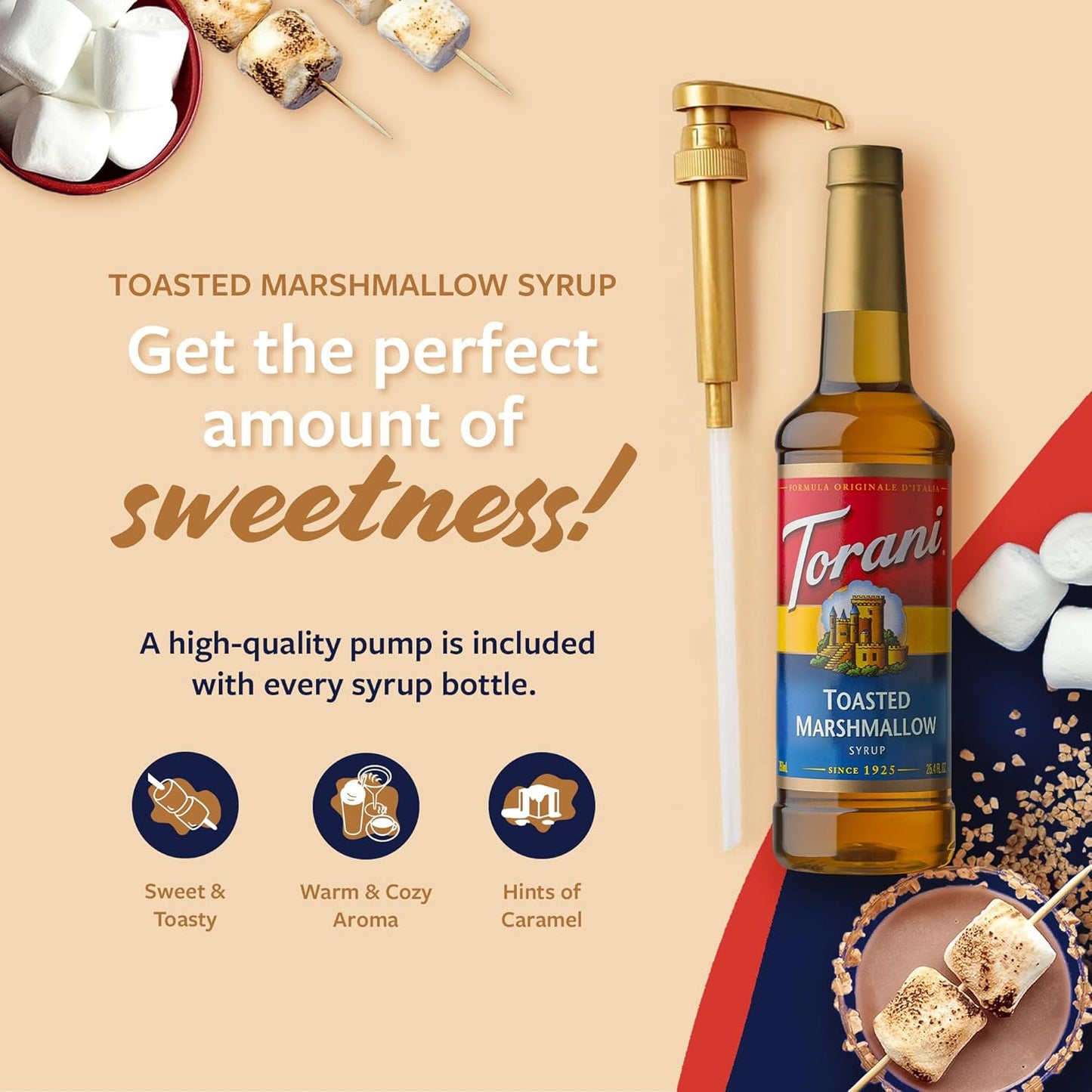 Torani Coffee Syrup - Toasted Marshmallow Flavor for Drinks | 25.4 Fl Oz with Pump Included