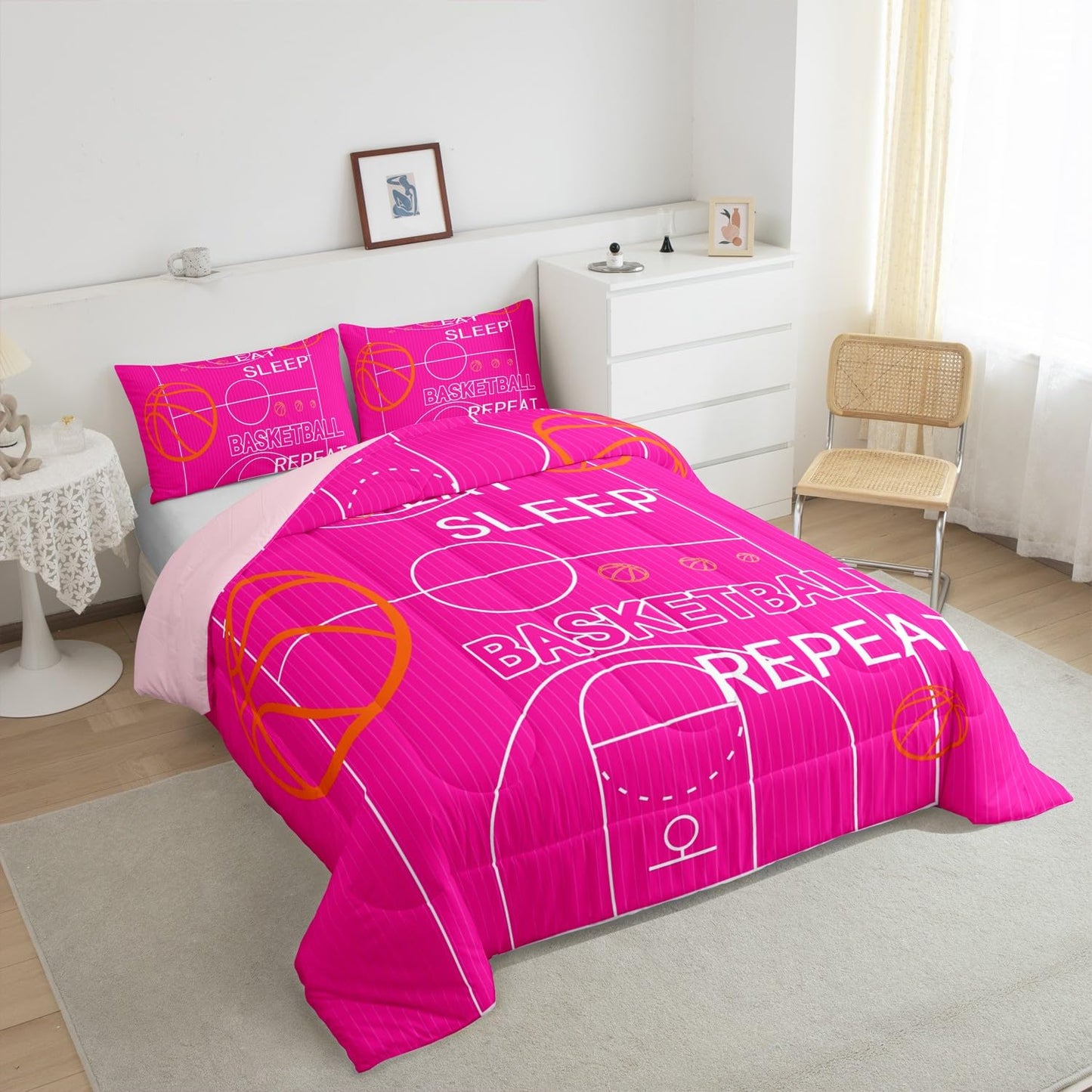 jejeloiu Kids Basketball Comforter Set Full Size Basketball Court Comforter Boys Girls Eat Sleep Basketball Ball Pattern Bedding Set Gaming Sports Theme Pink Quilt Set