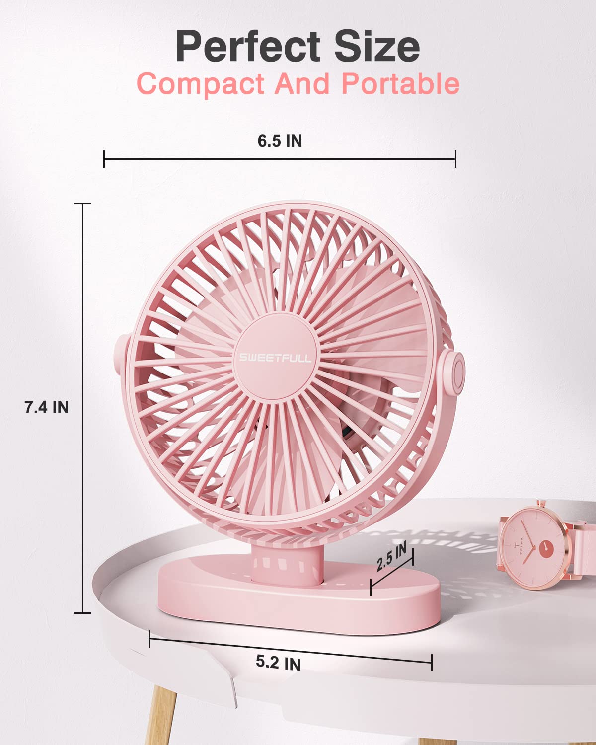 SWEETFULL Desk Fan USB Small Fan, 3 Speeds Portable Fan, 360° Rotate Personal Desktop Table Fan, Mini Fan Quiet Operation, for Home Office Car Outdoor Travel (Pink)