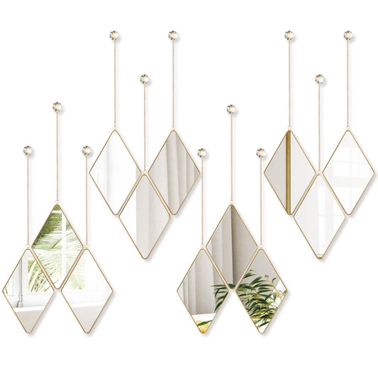Qunclay 12 Pcs Diamond Wall Mirror Decorative Set Hanging Mirrors with Chain Frame Diamond Decorative for Wall Decor Living Room Entryway Bedroom Farmhouse Home Decor(Gold)