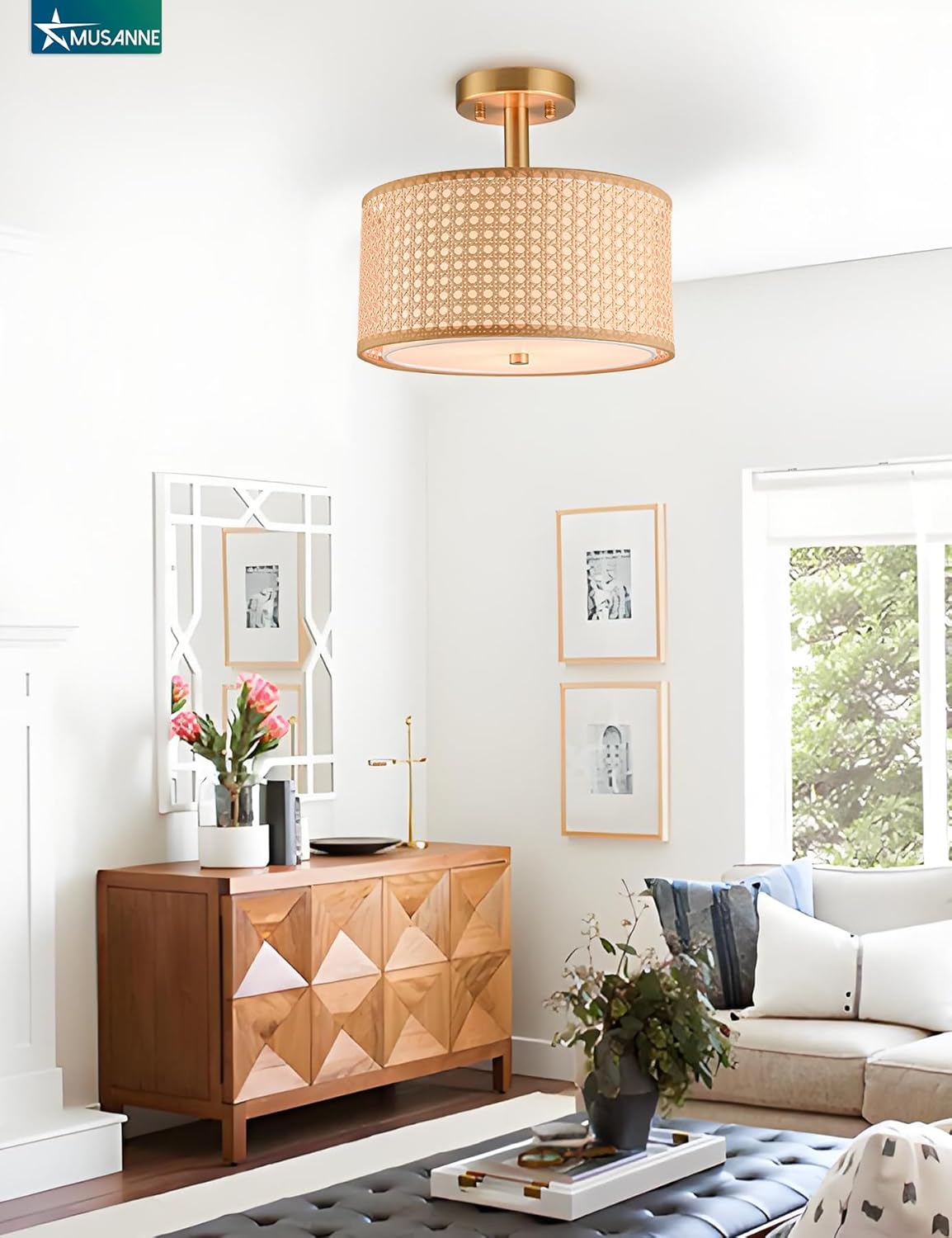 Semi flush mount ceiling light fixture for bedroom,Rattan & Fabric Double Drum Shade nursery Ceiling Light,Modern Close to Gold Ceiling Light Fixture for Entry Living Room Hallway Kitchen 3-Light