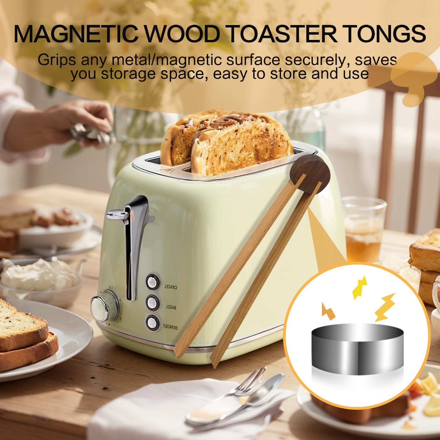 Mushroom-Shaped Wooden Tongs with Magnetic 2 Pack- 10.6" Food Safe Kitchen and Salad Tongs for Baking, Grilling, Breakfast, Picnics, Durable Wooden Cooking Utensils Easy to Store