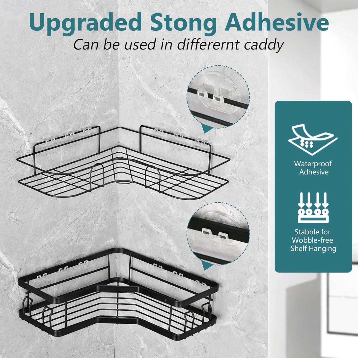 Skiennix Shower Caddy Adhesive Hooks - Strong Corner Shelf Holders for Bathroom & Kitchen | 14 Pack