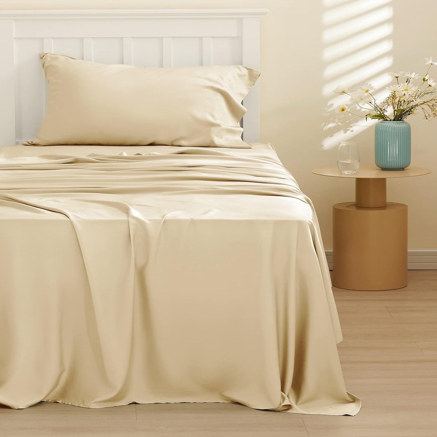 Bedsure Cooling Twin XL Sheets - Breathable & Soft Rayon from Bamboo, Deep Pocket Up to 16", Alabaster Gleam