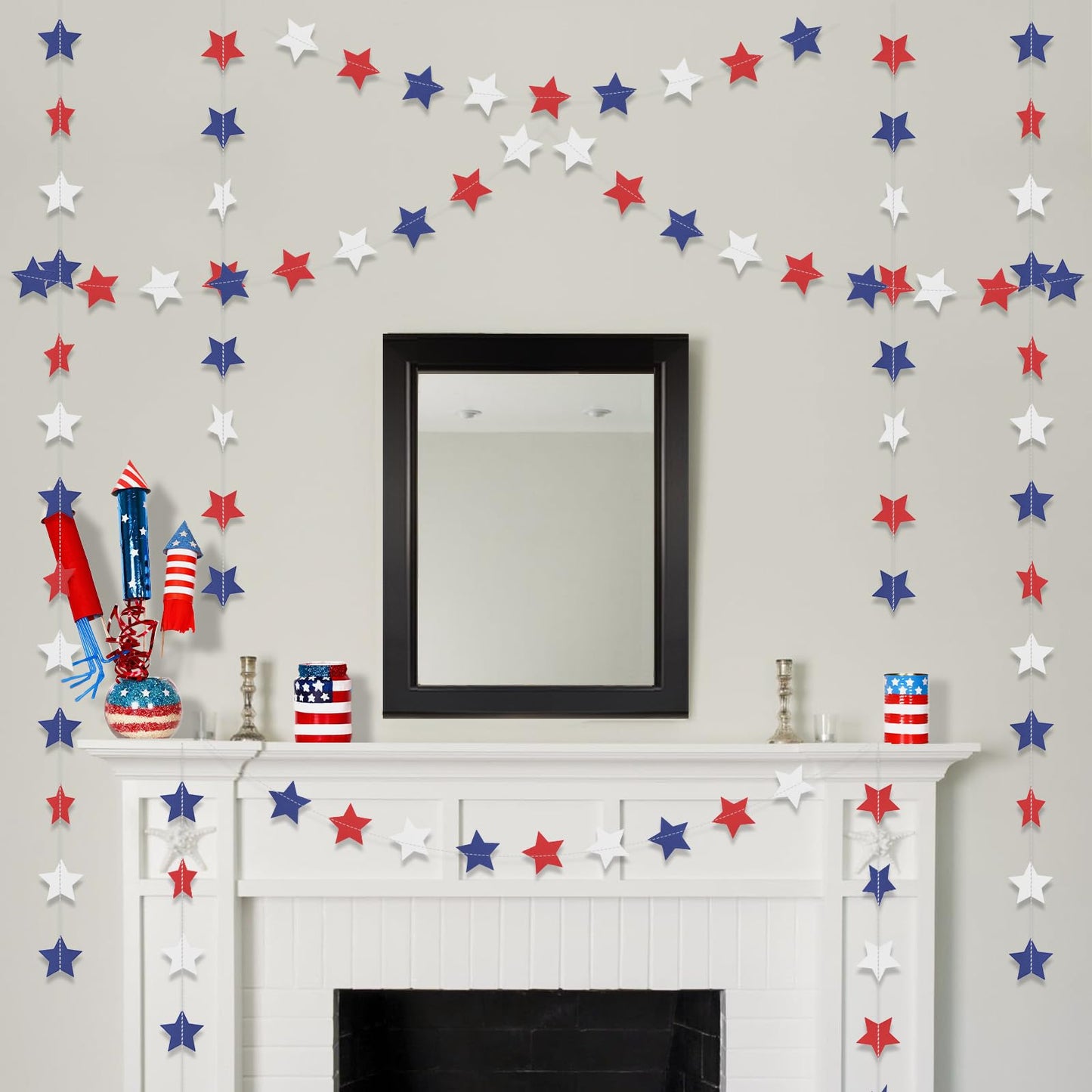Patriotic Star Garland Banner Streamers Red White and Blue - 59 FT 6 Strands - Patriotic Decorations for 4th of July, Independence Day, Labor Day, Veterans Day, Memorial Day
