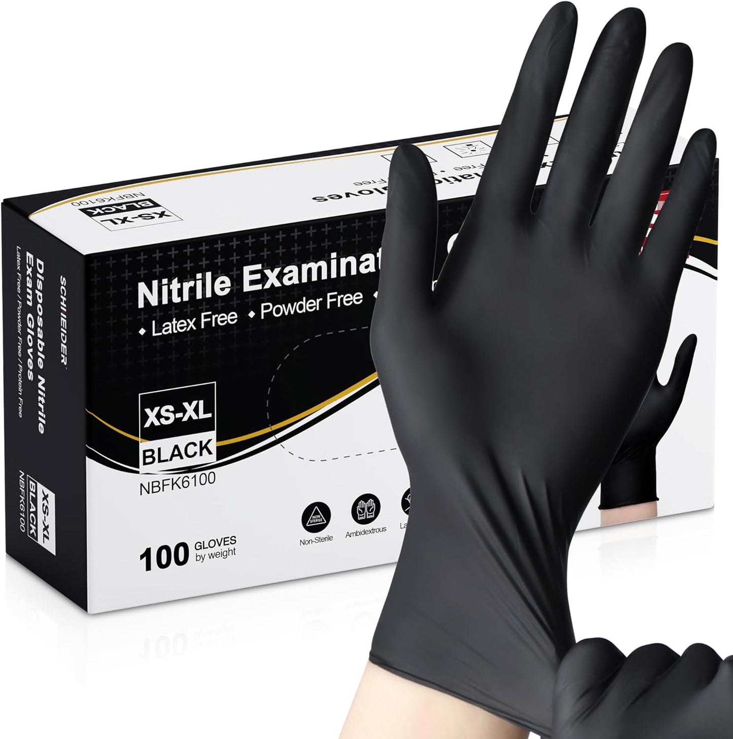 Schneider Nitrile Exam Gloves - Black Latex-Free, Powder-Free Disposable Gloves for Medical & Food Prep