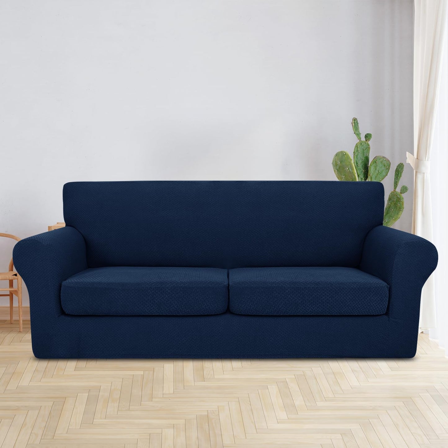 JIVINER 3 Pieces Couch Covers for 2 Cushion Couch Stretch Sofa Slipcover with 2 Extra Large Seat Cushion Covers Thick Fitted Loveseat Sofa Covers for Living Room (XL Loveseat, Navy Blue)