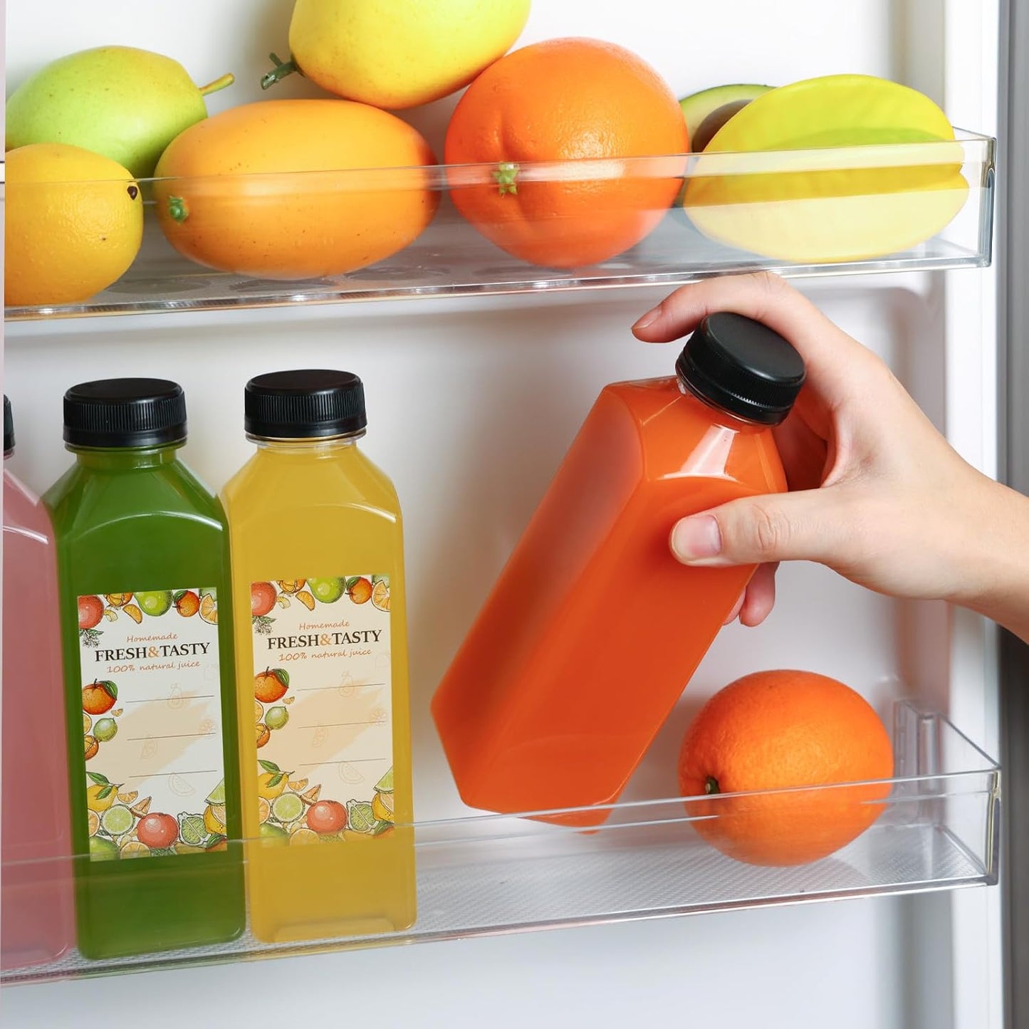 TOMNK 12oz Reusable Juice Bottles - 12pcs Plastic Containers with Caps, Labels, Funnel & Brush
