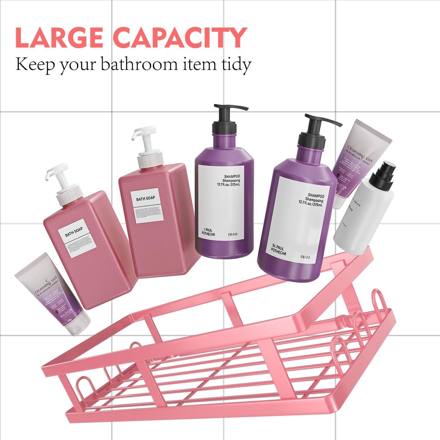 Youvip Shower Caddy - Adhesive No-Drill Shelves with Soap Holder | Large Capacity Pink Bathroom Decor