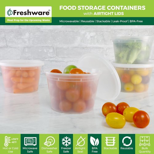 Freshware Food Storage Containers - 50 Set 16 oz BPA-Free Plastic Deli Containers | Leakproof & Stackable | Microwave/Dishwasher Safe