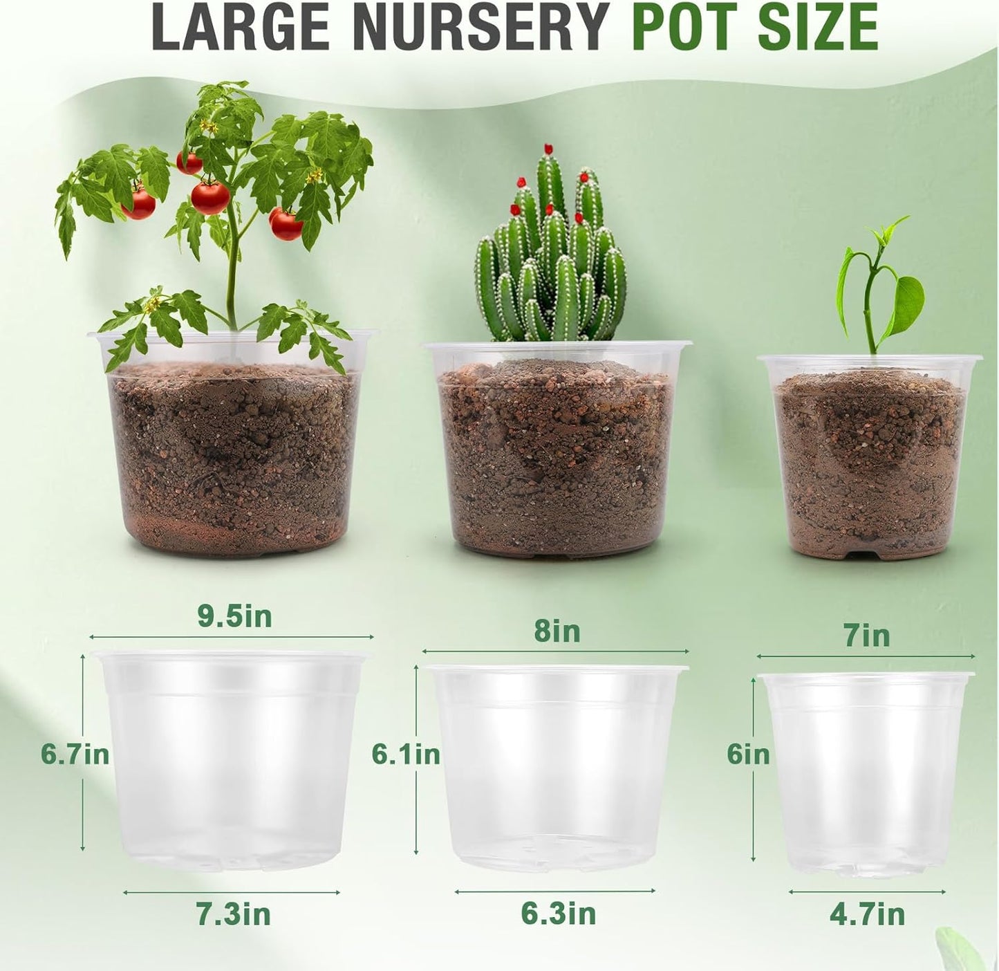 Skiennix Large Clear Nursery Pots - 9 Pack Plastic Plant Seedling Pots with Drainage | 7/8/10 Inch for Indoor & Outdoor Gardening