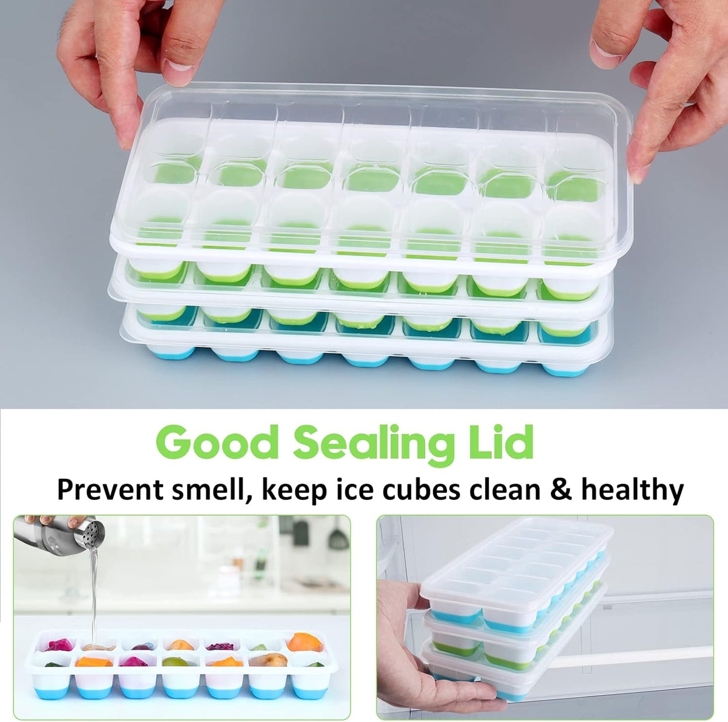 Silicone Ice Cube Tray - 8 Pack Easy-Release Flexible Trays with Spill-Resistant Lid | Stackable Freezer Ice Trays (4 Blue + 4 Green)
