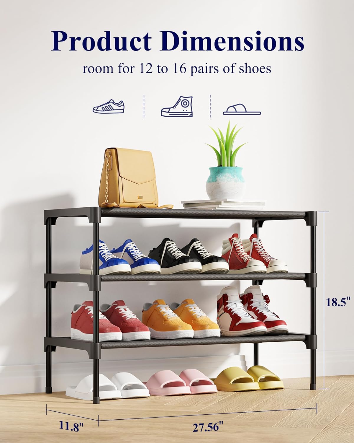 Kitsure Shoe Rack - Stackable Non-Woven Shoe Organizer for Closet & Entryway | 3-Tier, 27.5" Wide, Black