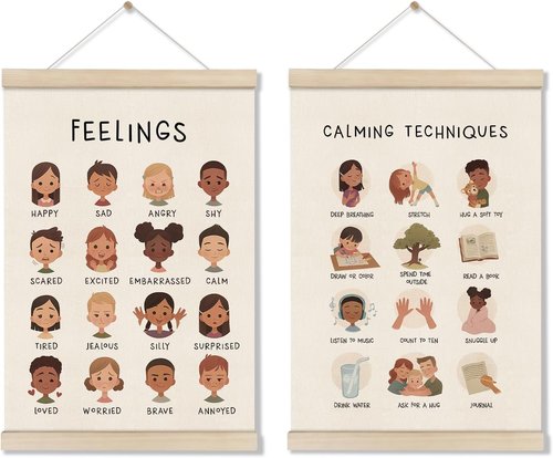 DOI-LANEE Feelings Chart - 16x12 Inch Montessori Emotions Poster | Mental Health Wall Decor Set of 2